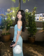 Baby Blue A Line Off the Shoulder Sequin Satin Long Prom Dress Graduation Prom Dress
