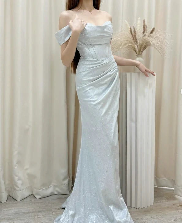 Baby Blue A Line Off the Shoulder Sequin Satin Long Prom Dress Graduation Prom Dress