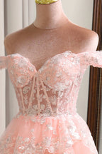Romantic Ball Gown Off-Shoulder Tiered Sequin Tulle Blush Maxi Prom Dress