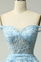 Ball Gown Off-Shoulder Tiered Sheer Lace Tulle Light Blue Maxi Prom Dress