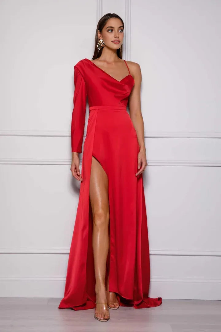 Bargain A-Line Asymmetrical Neck Long Sleeve Floor-Length Prom Dress