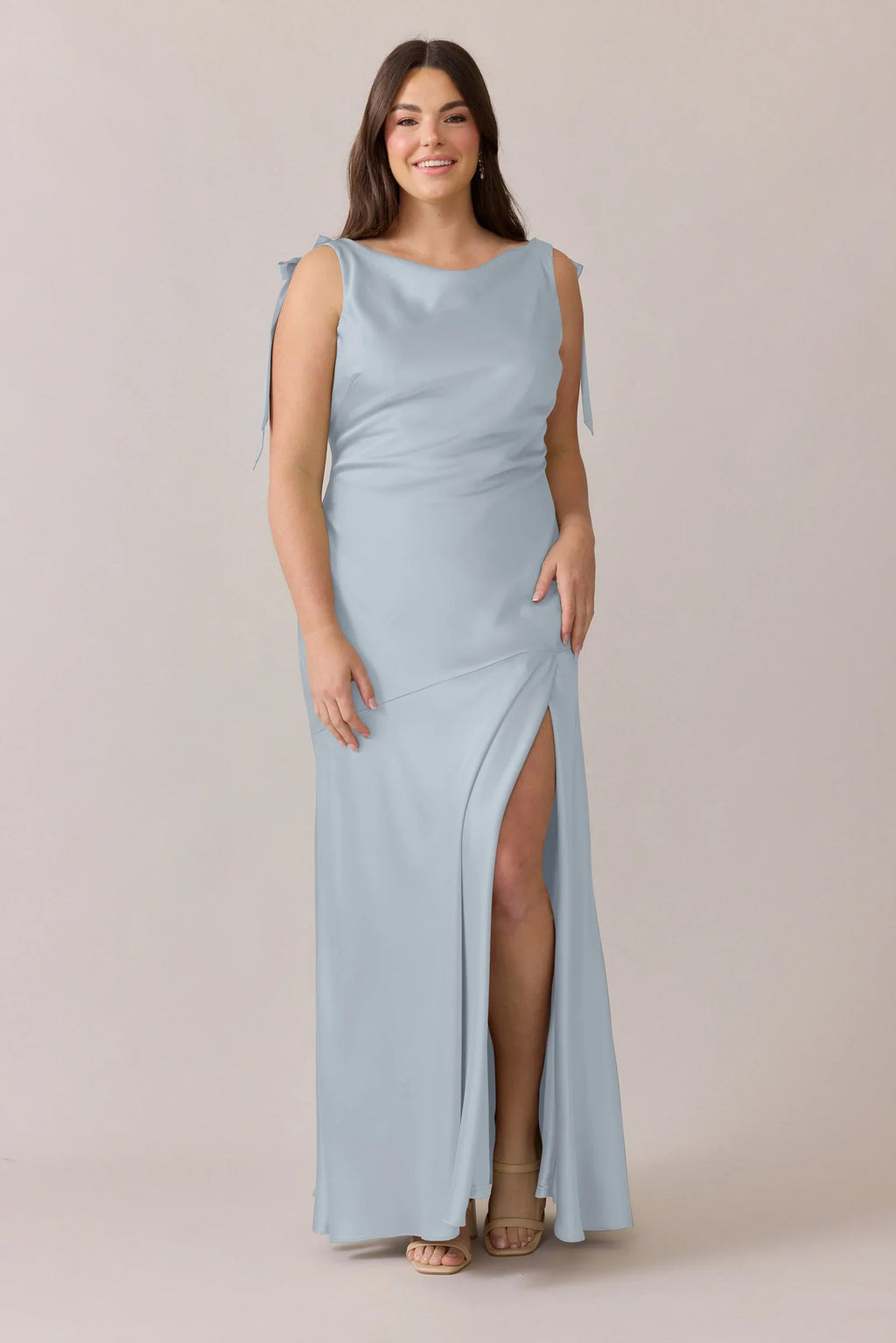 Bateau Neck Satin Bridesmaid Dress with Shoulder Bow Ties, Open Back & Side High Slit Flowy Maxi Silhouette