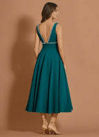 Beaded Trim A Line V Neck Sleeveless Deep V Back Midi Length For Sale Prom Dress ﻿