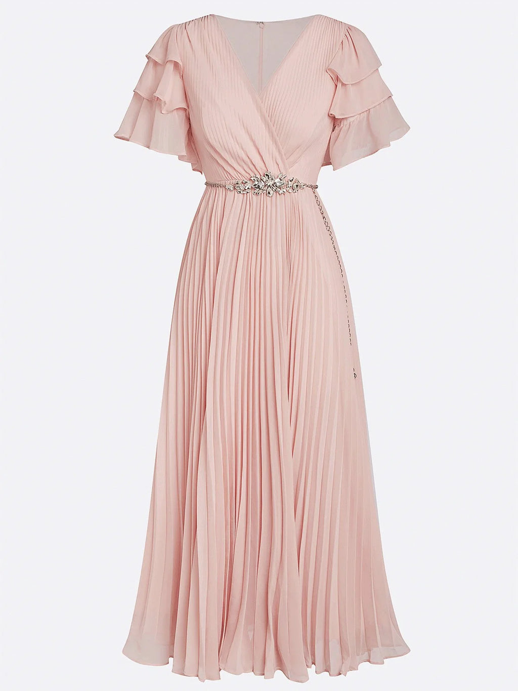 A-Line V Neck Short Sleeve Zipper Up Ankle-Length Prom Dress