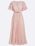 A-Line V Neck Short Sleeve Zipper Up Ankle-Length Prom Dress