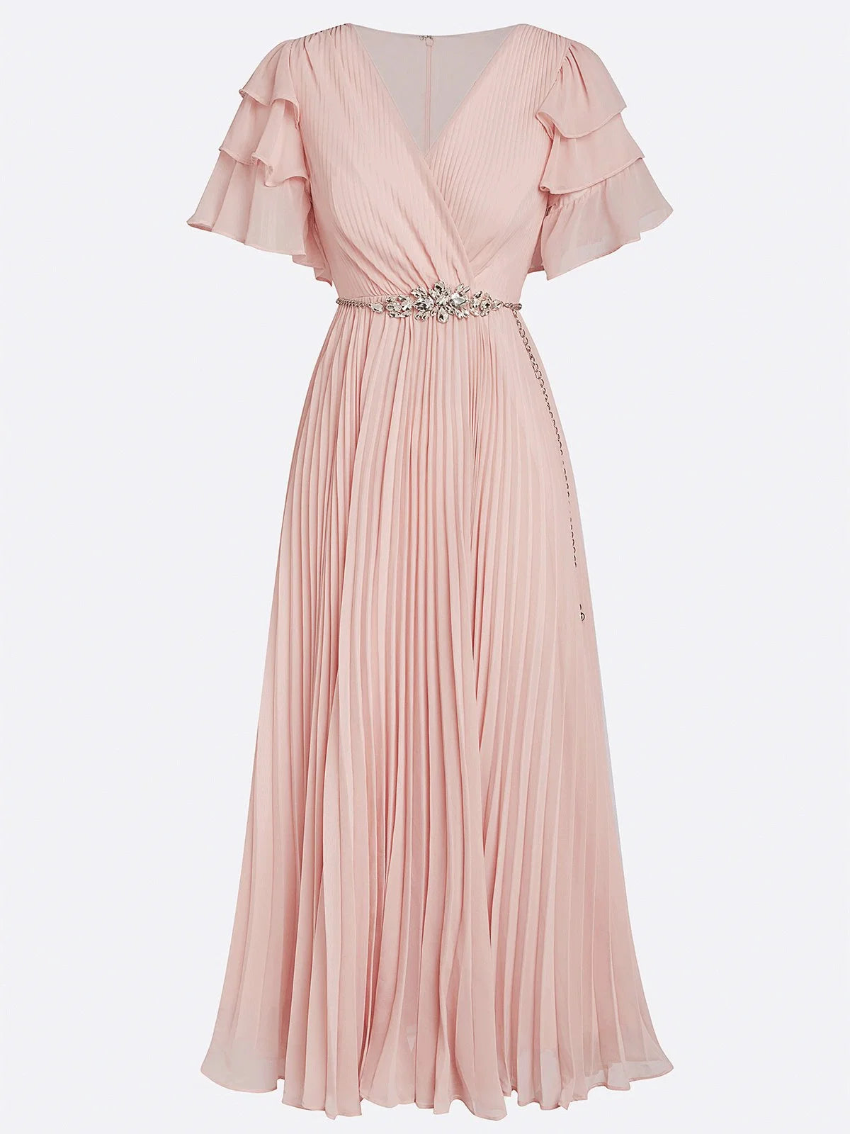 A-Line V Neck Short Sleeve Zipper Up Ankle-Length Prom Dress