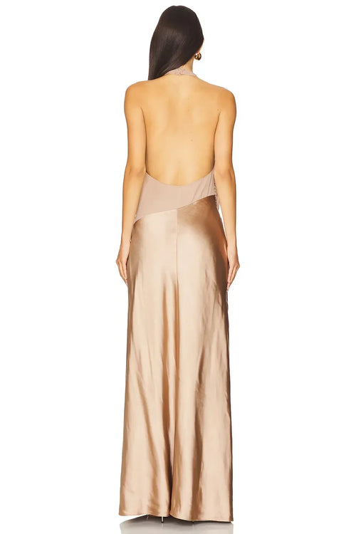 Magnifique Robe de Soirée Fourreau Longue sans Manches Col Halter Dos Nu