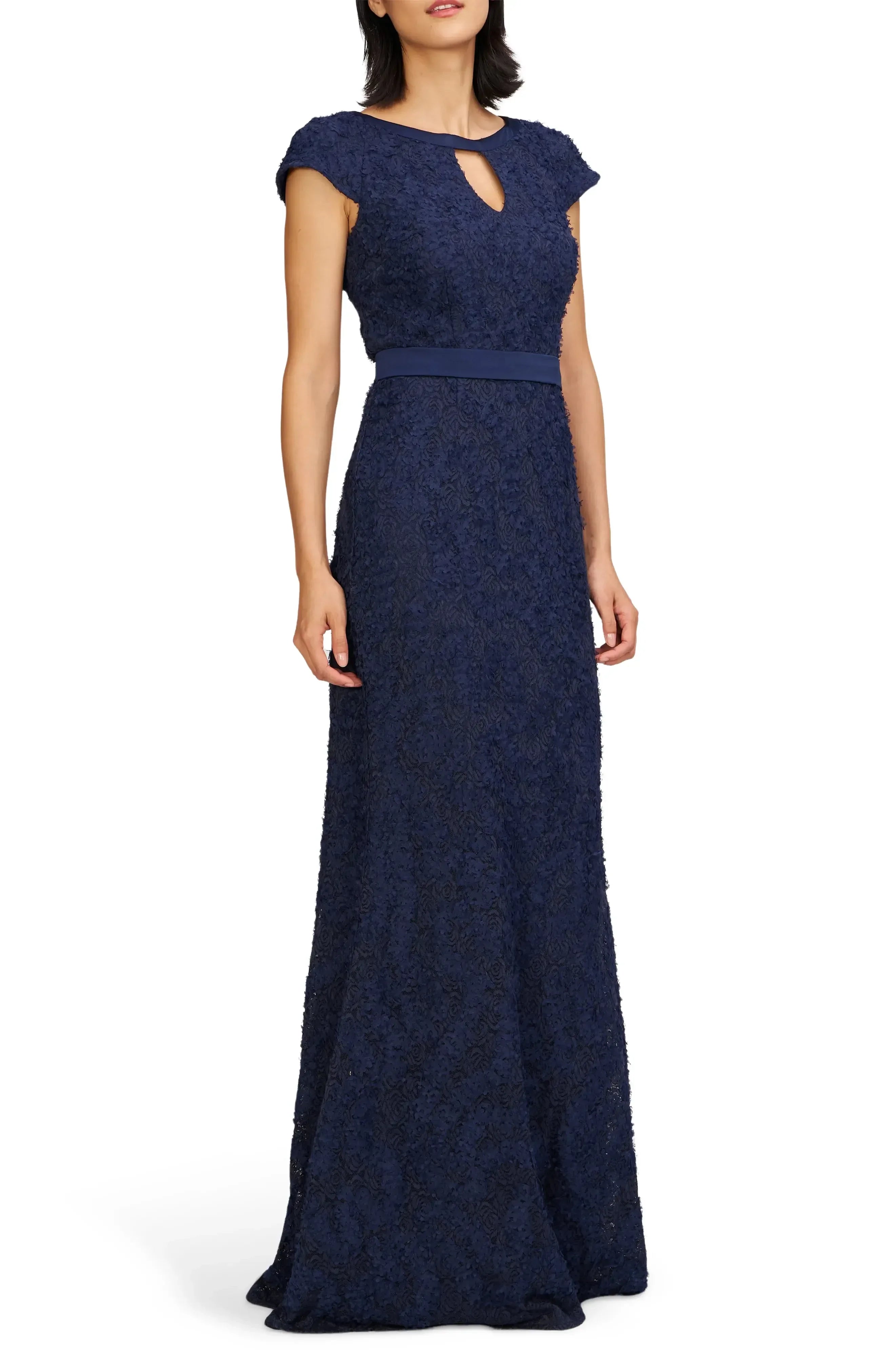 Beautiful Sheath Keyhole Neck Cap Sleeve Plain Back Floor Length Evening Dress