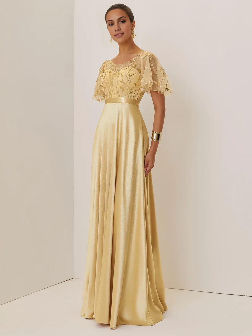 A-Line Crew Neck Short Sleeve Zipper Up Floor-Length Evening Dress