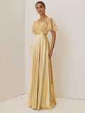 A-Line Crew Neck Short Sleeve Zipper Up Floor-Length Evening Dress
