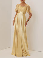 A-Line Crew Neck Short Sleeve Zipper Up Floor-Length Evening Dress
