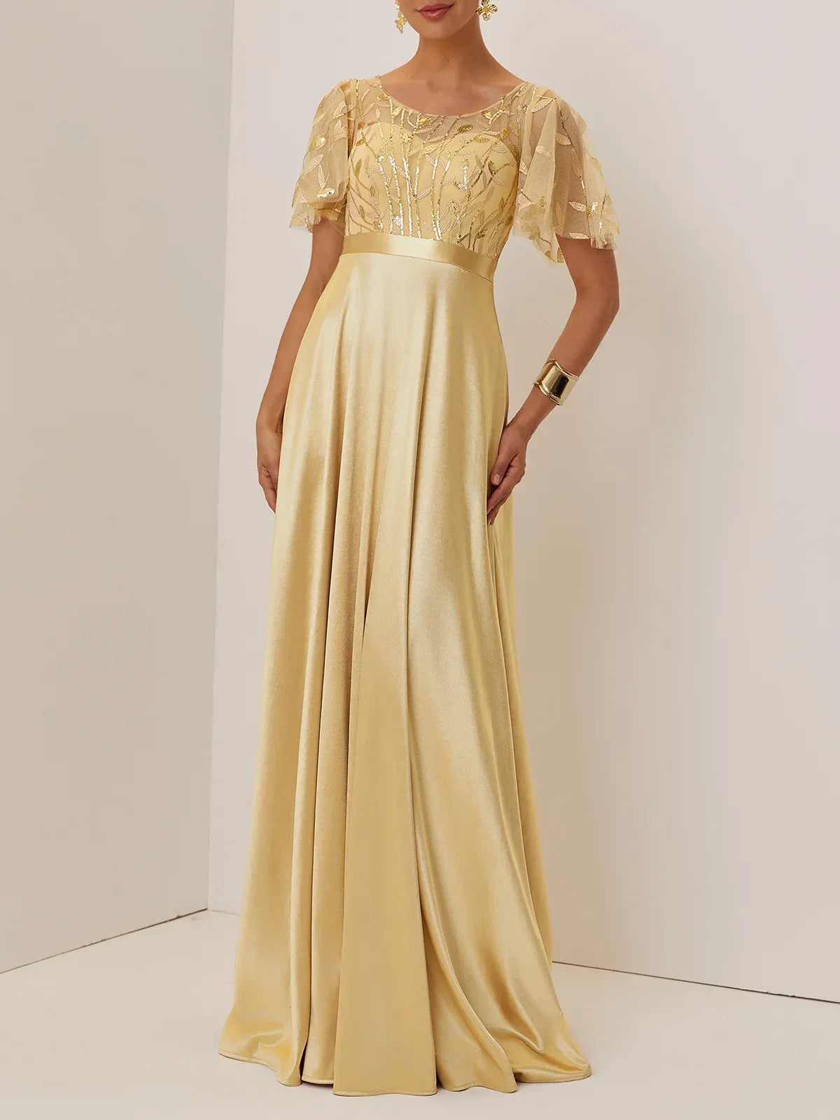 A-Line Crew Neck Short Sleeve Zipper Up Floor-Length Evening Dress