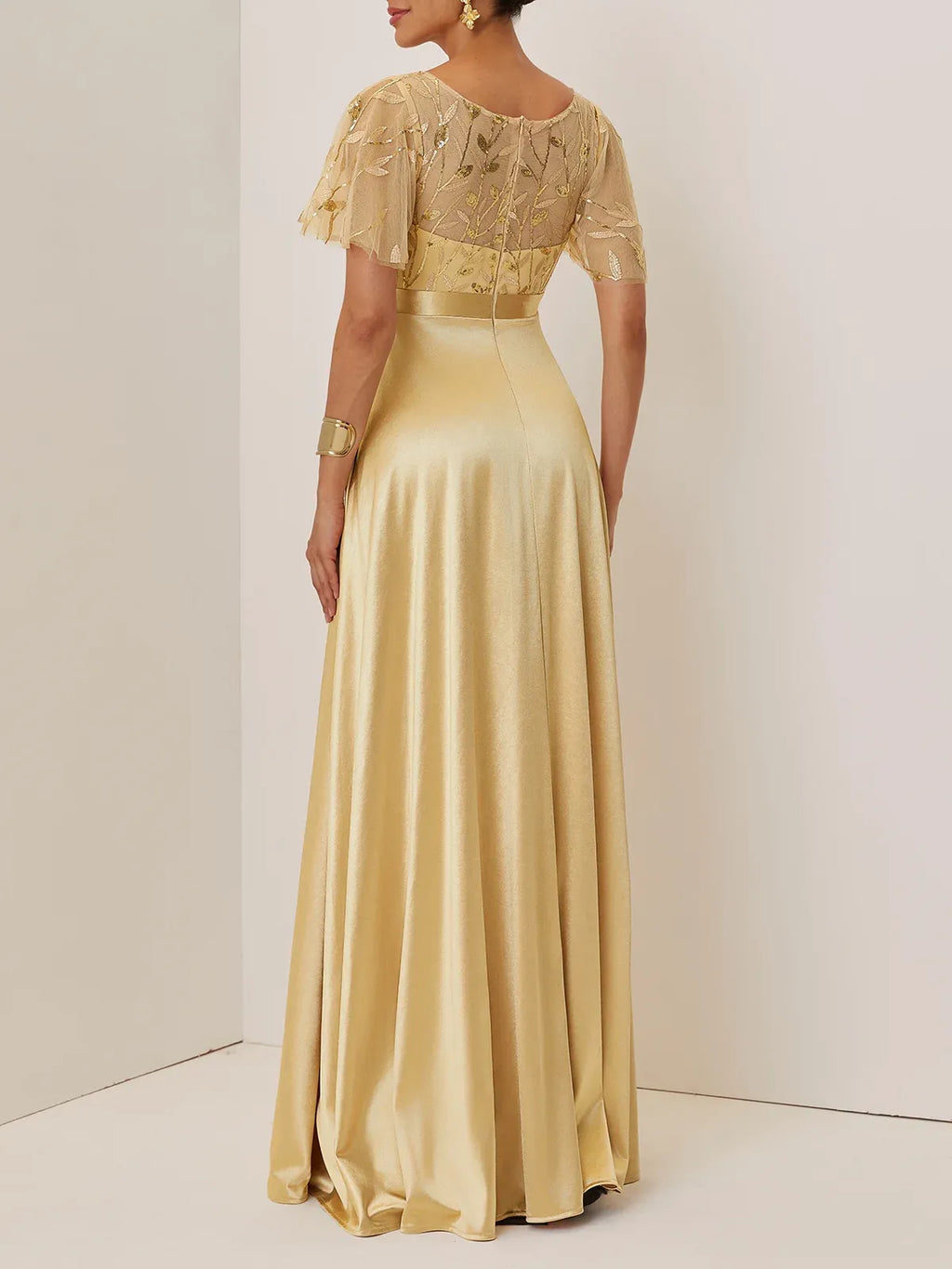 A-Line Crew Neck Short Sleeve Zipper Up Floor-Length Evening Dress