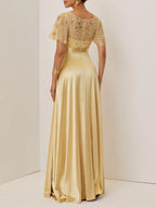 A-Line Crew Neck Short Sleeve Zipper Up Floor-Length Evening Dress