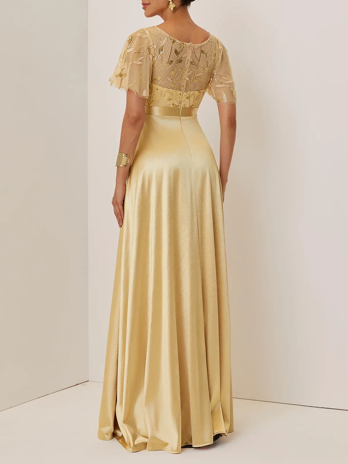 A-Line Crew Neck Short Sleeve Zipper Up Floor-Length Evening Dress