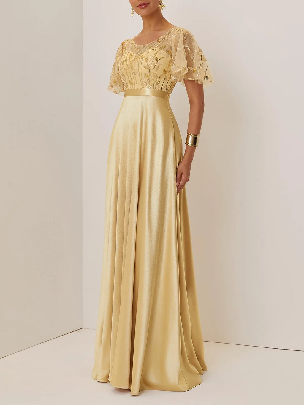 A-Line Crew Neck Short Sleeve Zipper Up Floor-Length Evening Dress