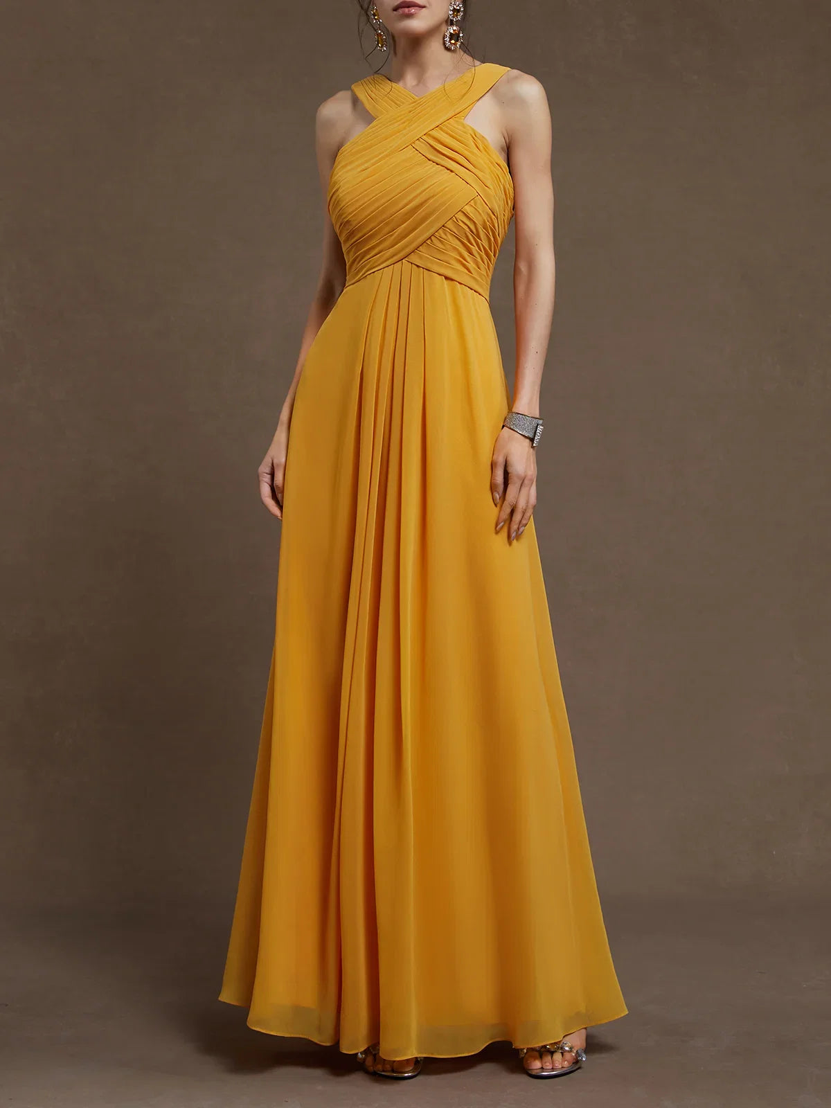 A-Line Cross Neck Sleeveless Zipper Up Floor-Length Prom Dress