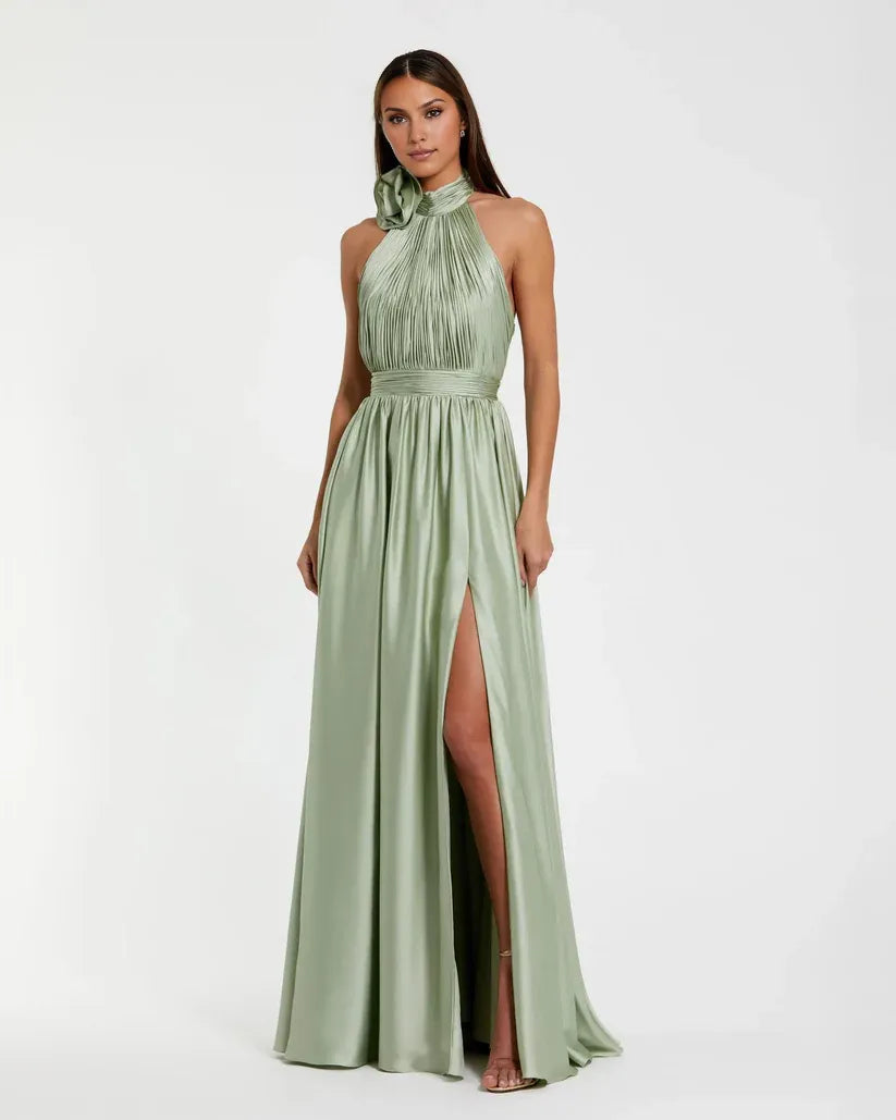 A-Line Halter Neck Sleeveless Backless Floor-Length Prom Dress
