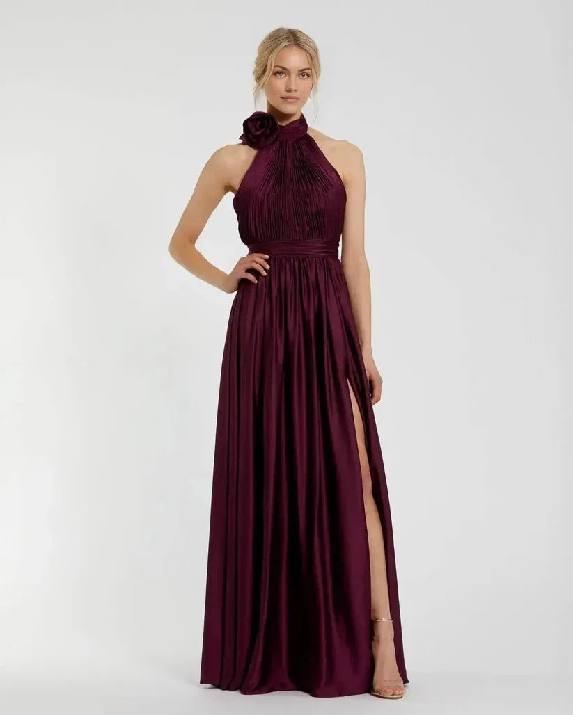 A-Line Halter Neck Sleeveless Backless Floor-Length Prom Dress