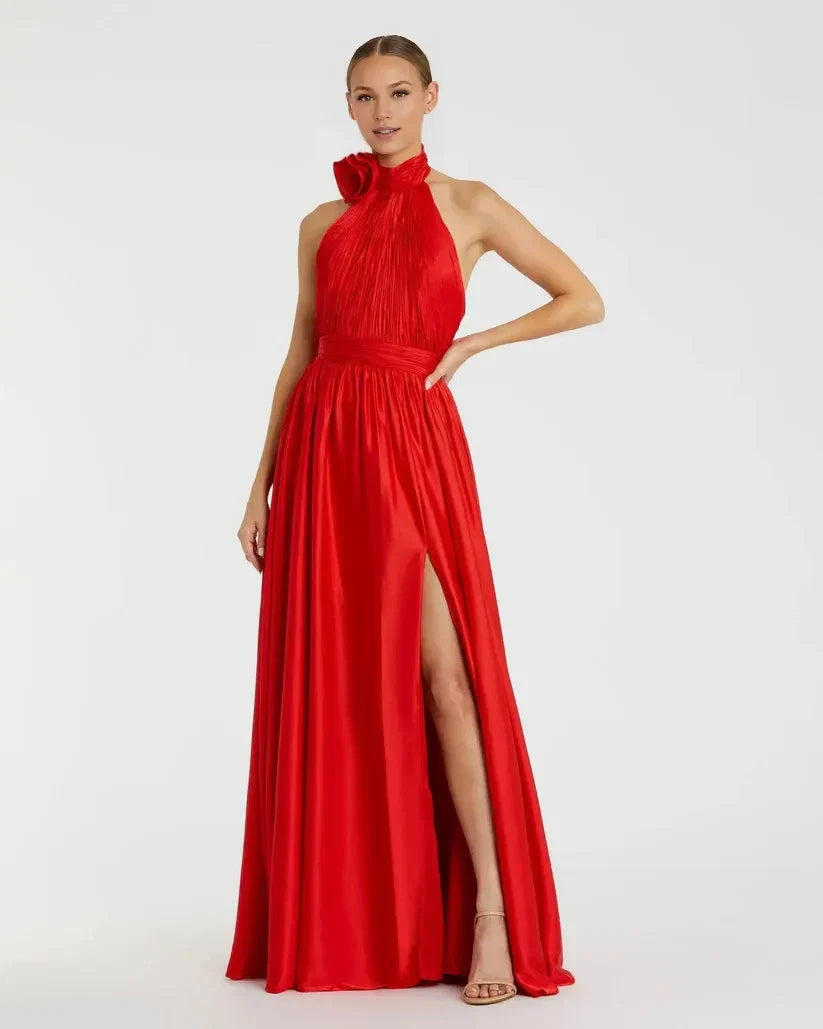 A-Line Halter Neck Sleeveless Backless Floor-Length Prom Dress