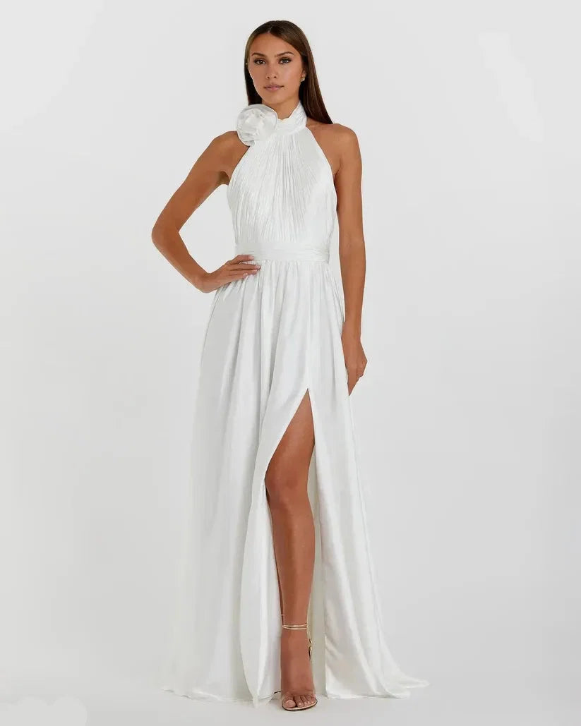 A-Line Halter Neck Sleeveless Backless Floor-Length Prom Dress