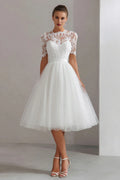 A-Line High Neck Short Sleeves Tea-Length Wedding Dress