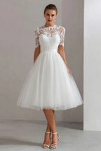 A-Line High Neck Short Sleeves Tea-Length Wedding Dress