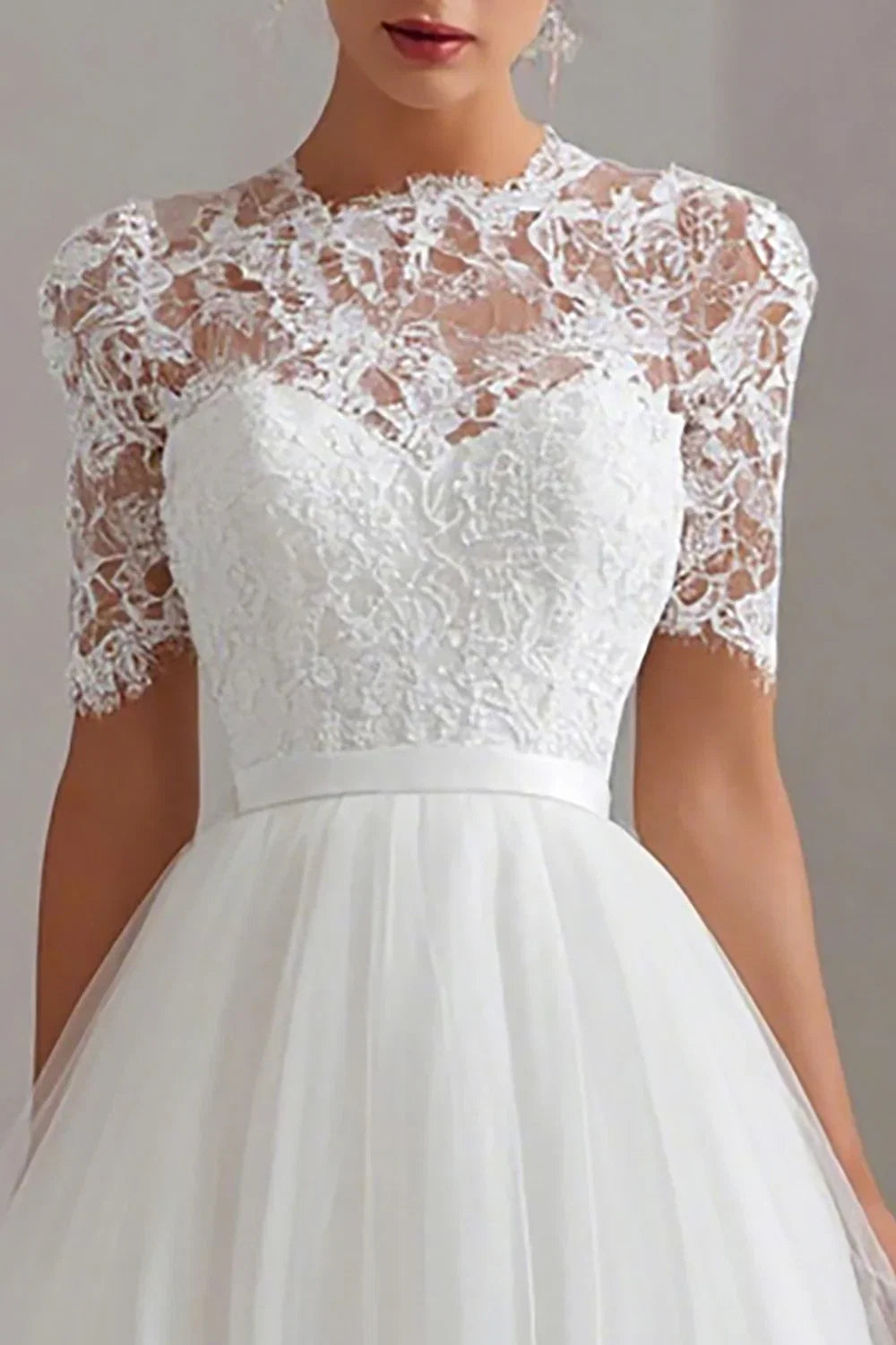 A-Line High Neck Short Sleeves Tea-Length Wedding Dress