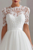 A-Line High Neck Short Sleeves Tea-Length Wedding Dress