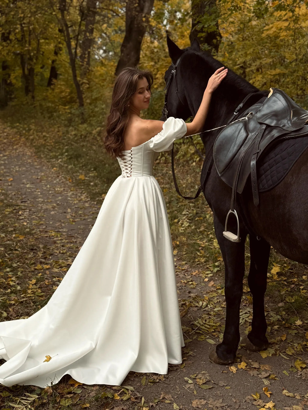 Elegant Satin A Line Off Shoulder Puff Sleeve Wedding Dress With Long Train For Modern Brides