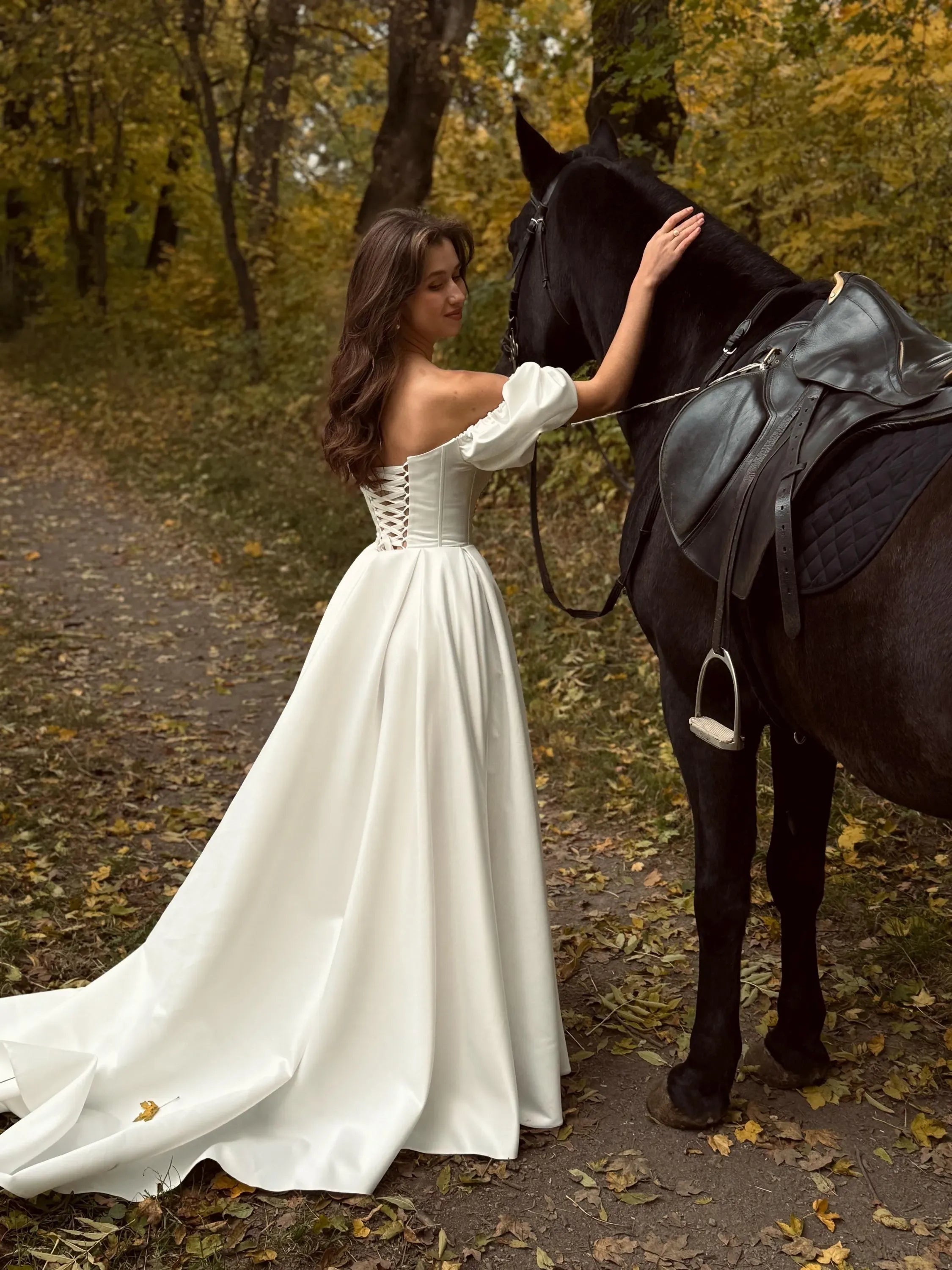 Elegant Satin A Line Off Shoulder Puff Sleeve Wedding Dress With Long Train For Modern Brides