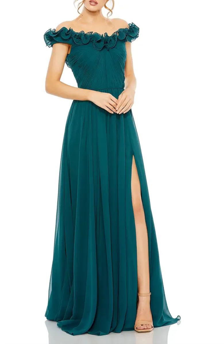 A-Line Off The Shoulder Cap Sleeve V Back Floor-Length Prom Dress
