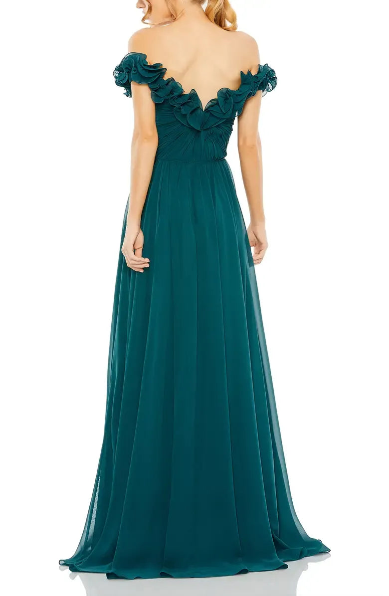 A-Line Off The Shoulder Cap Sleeve V Back Floor-Length Prom Dress