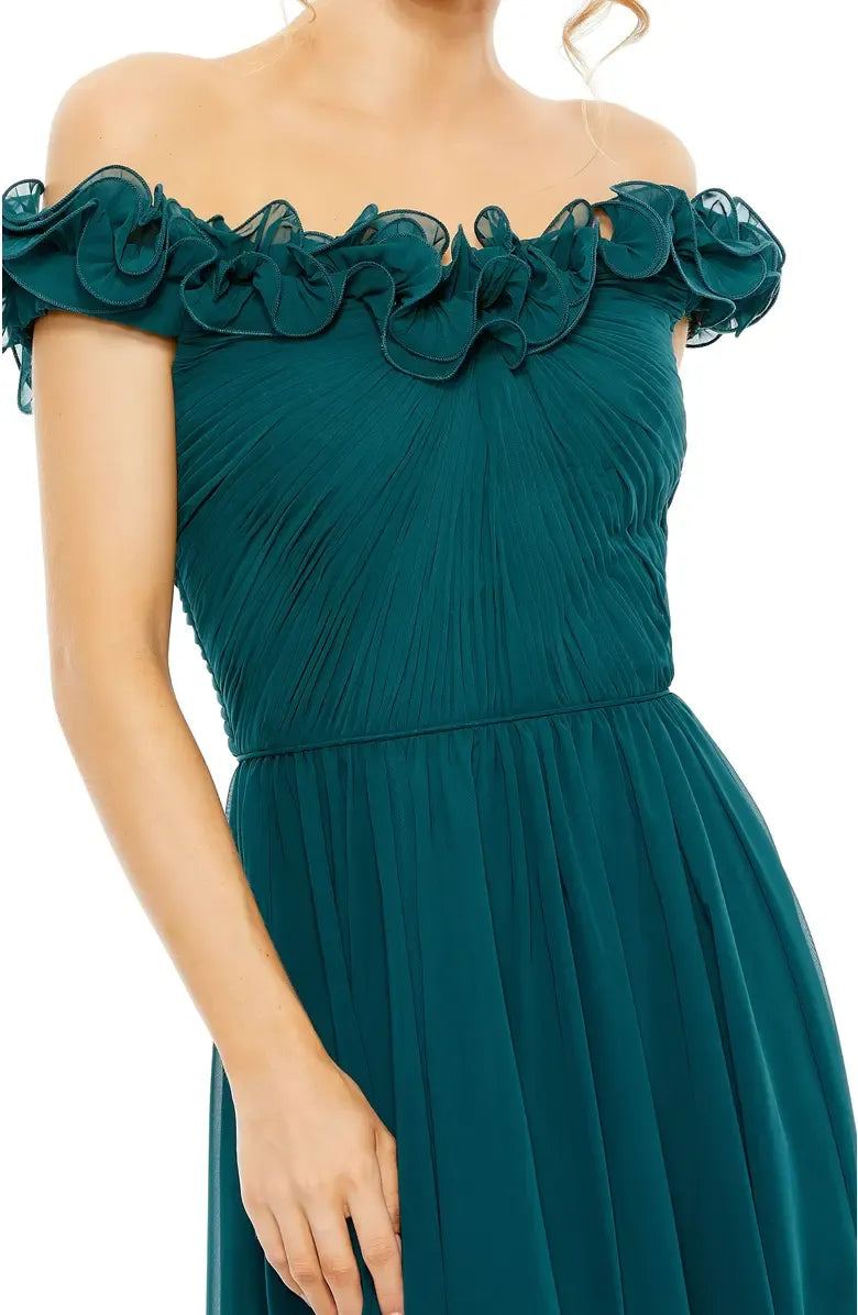 A-Line Off The Shoulder Cap Sleeve V Back Floor-Length Prom Dress