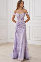 A-Line Off the Shoulder Sleeveless Embroidered Floor-Length Prom Dress