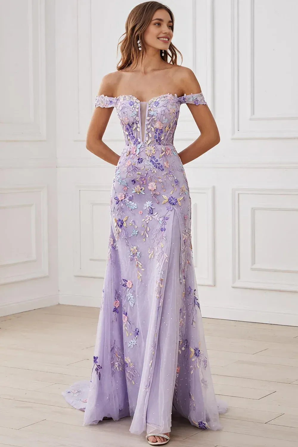 A-Line Off the Shoulder Sleeveless Embroidered Floor-Length Prom Dress