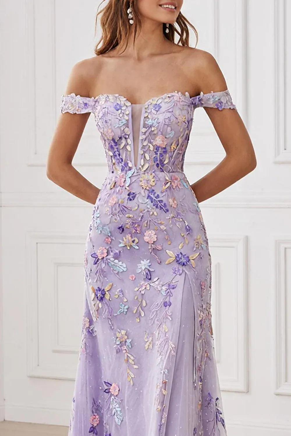 A-Line Off the Shoulder Sleeveless Embroidered Floor-Length Prom Dress