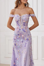 A-Line Off the Shoulder Sleeveless Embroidered Floor-Length Prom Dress