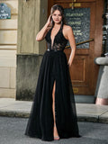 A-Line/Princess Halter Neck Sleeveless Backless Floor-Length Prom Dress