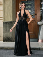 A-Line/Princess Halter Neck Sleeveless Backless Floor-Length Prom Dress