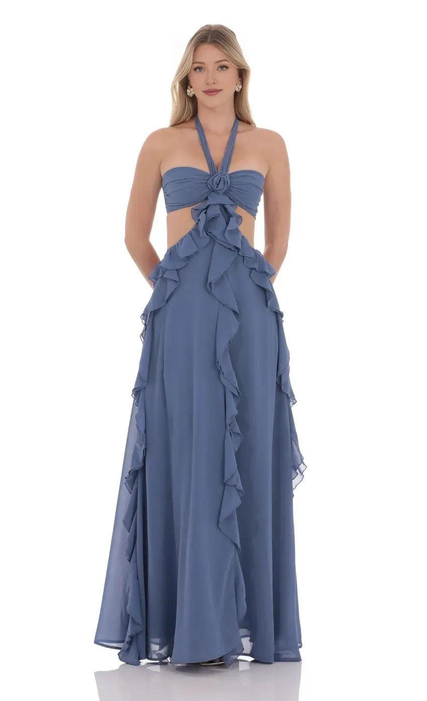 A-Line/Princess Halter Neck Sleeveless Backless Floor-Length Prom Dress