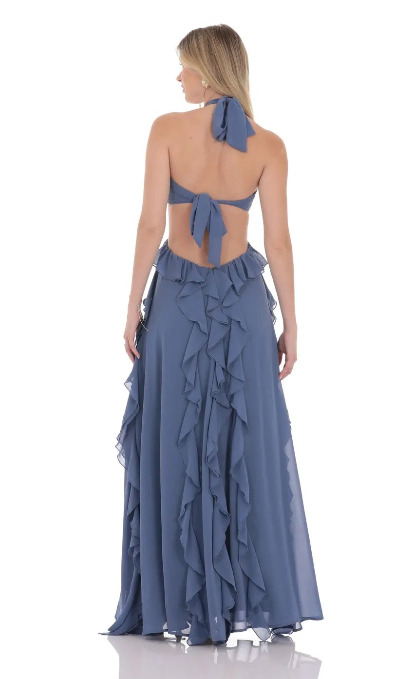 A-Line/Princess Halter Neck Sleeveless Backless Floor-Length Prom Dress