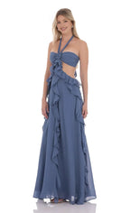 A-Line/Princess Halter Neck Sleeveless Backless Floor-Length Prom Dress