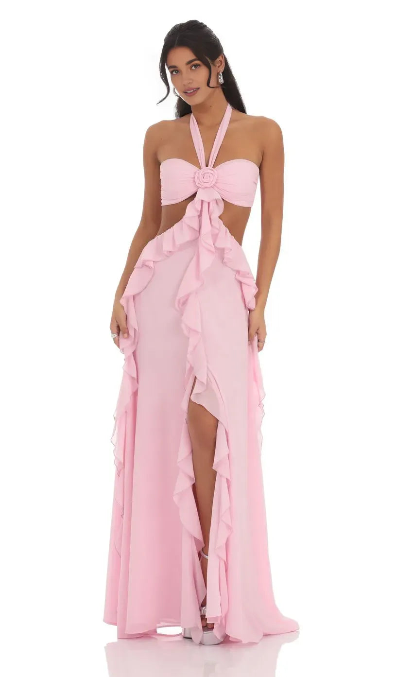 A-Line/Princess Halter Neck Sleeveless Backless Floor-Length Prom Dress