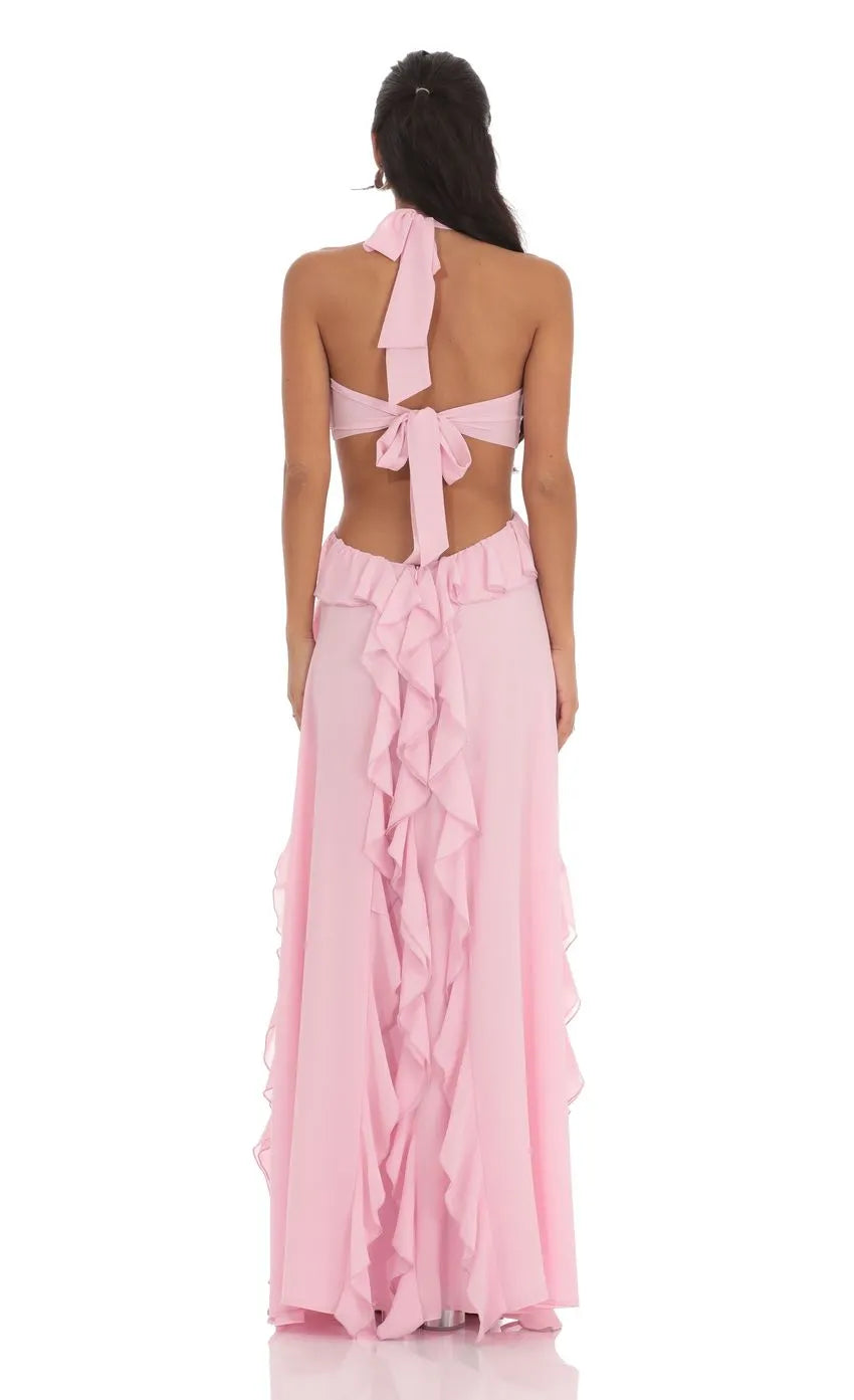 A-Line/Princess Halter Neck Sleeveless Backless Floor-Length Prom Dress