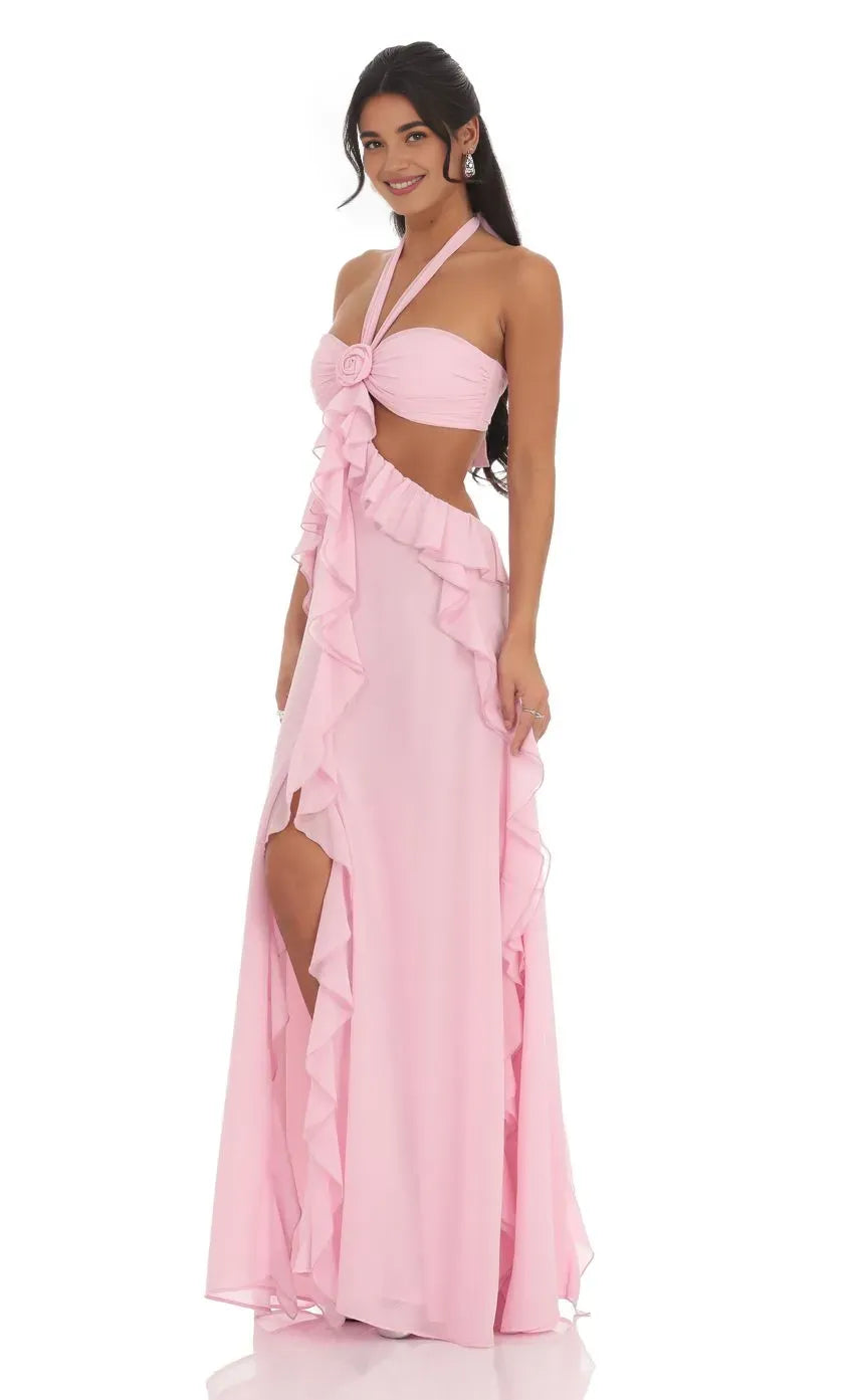 A-Line/Princess Halter Neck Sleeveless Backless Floor-Length Prom Dress