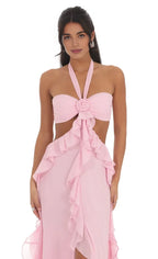A-Line/Princess Halter Neck Sleeveless Backless Floor-Length Prom Dress
