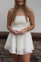 Ivory A Line Strapless Homecoming Dress With Ruched Bodice And Zipper Back For Teens Ready To Ship