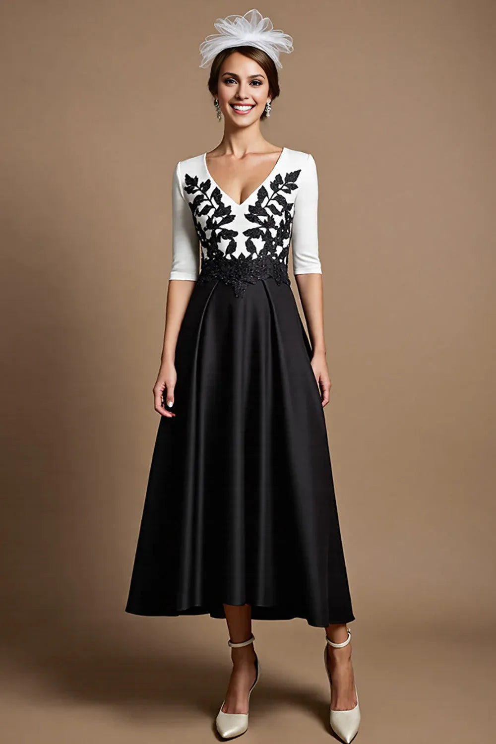 A-Line V Neck 1/2 Sleeve Zipper Up Ankle-Length Mother of the Bride Dress