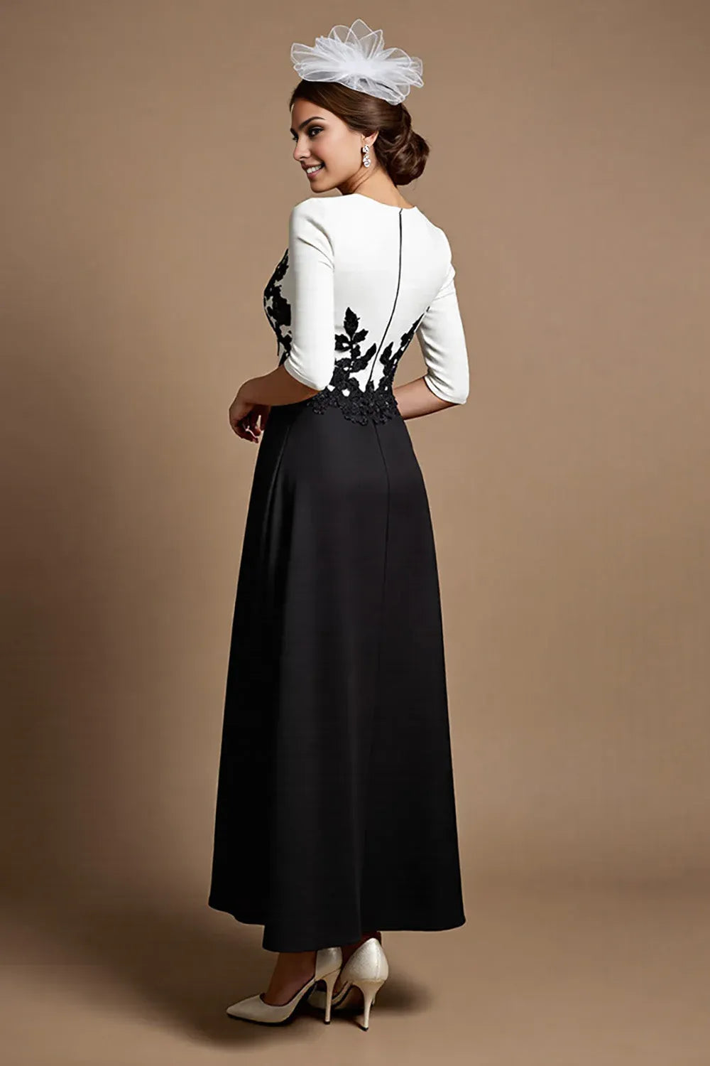 A-Line V Neck 1/2 Sleeve Zipper Up Ankle-Length Mother of the Bride Dress